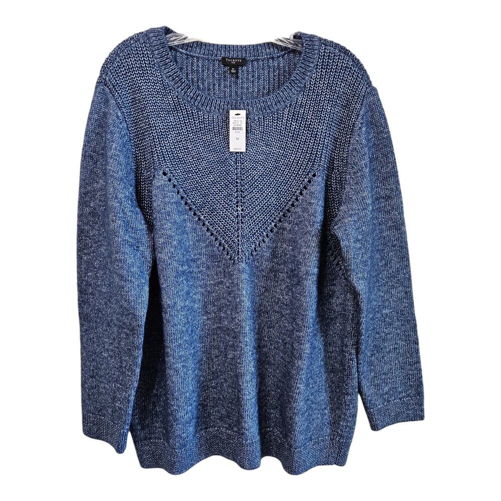 TALBOTS Women Plus 1X Sweater Shaker Stitch Marled Blue Cotton Blend 44" NEW
